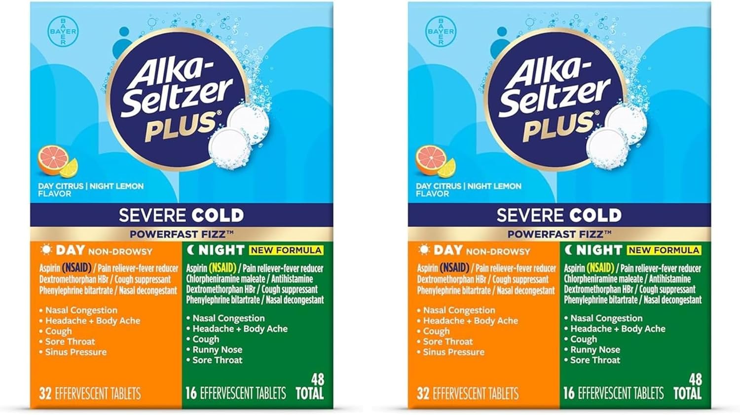 ALKA-SELTZER PLUS Severe Cold & Flu Medicine - PowerFast Fizz Tablets for Adults and Children 12+ - 48ct, (Pack of 2)