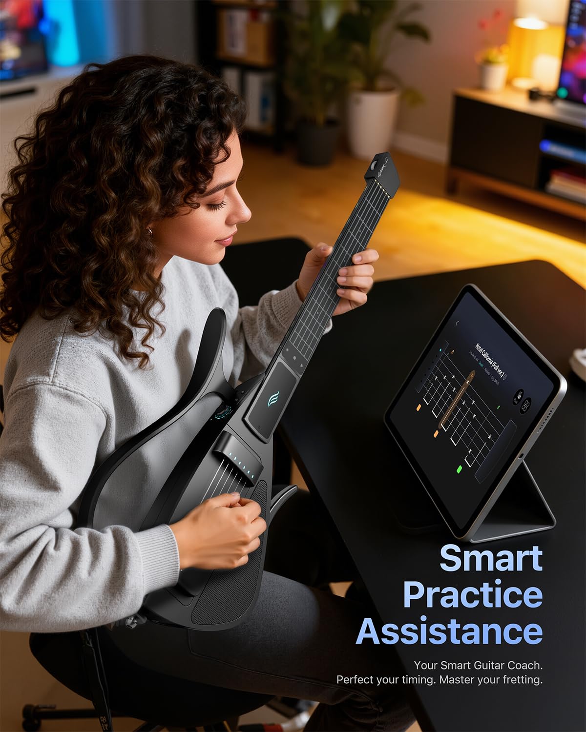 Enya CYBER-G Chitarra Smart – con corde in silicone, 24 suoni integrati, chitarra da viaggio silenziosa bianco con altoparlante, drum system, app e accordi interattivi per adulti o adolescenti