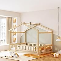 Vista 41 de Merax Cama de tamaño individual de madera estilo casa con valla, marco de cama de madera con techo y barandilla de seguridad para niños, Blanco