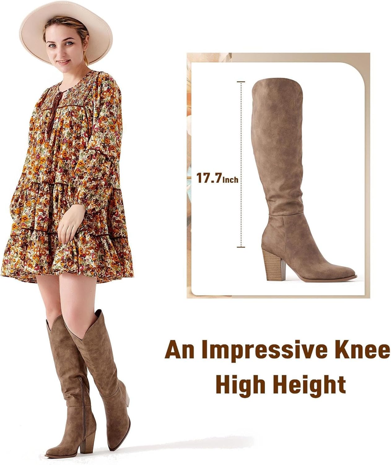 Putu Women's Knee High Boots High Heel Western Boots Pointed Toe Tall Boots - Image 2