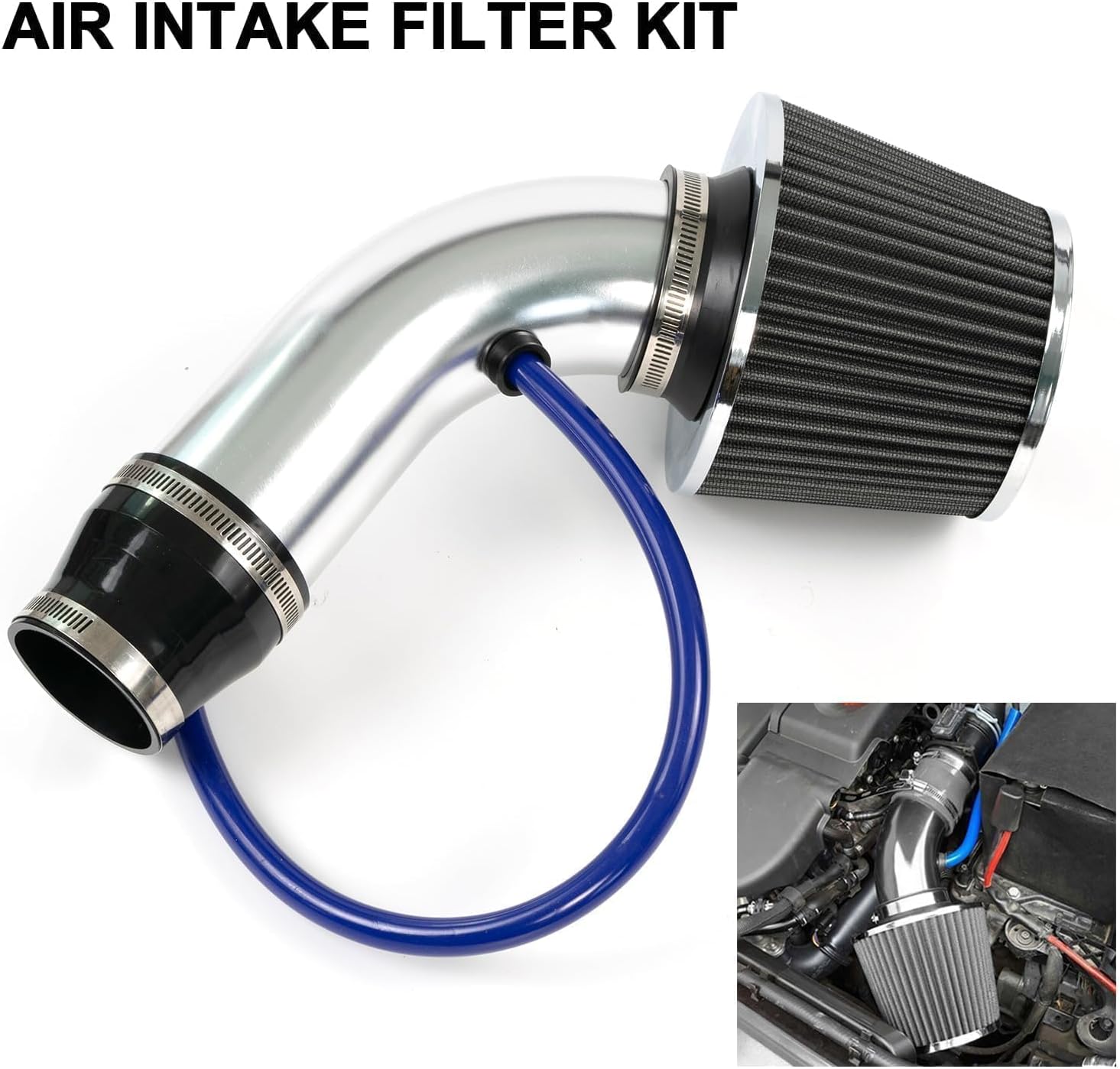 AUTOXBERT Full Set 3" 76mm Universal Car Cold Air Intake Filter Kit Alumimum Automobile Filter Induction Flow Hose Pipe Kit System Accessories (Black & Silver)