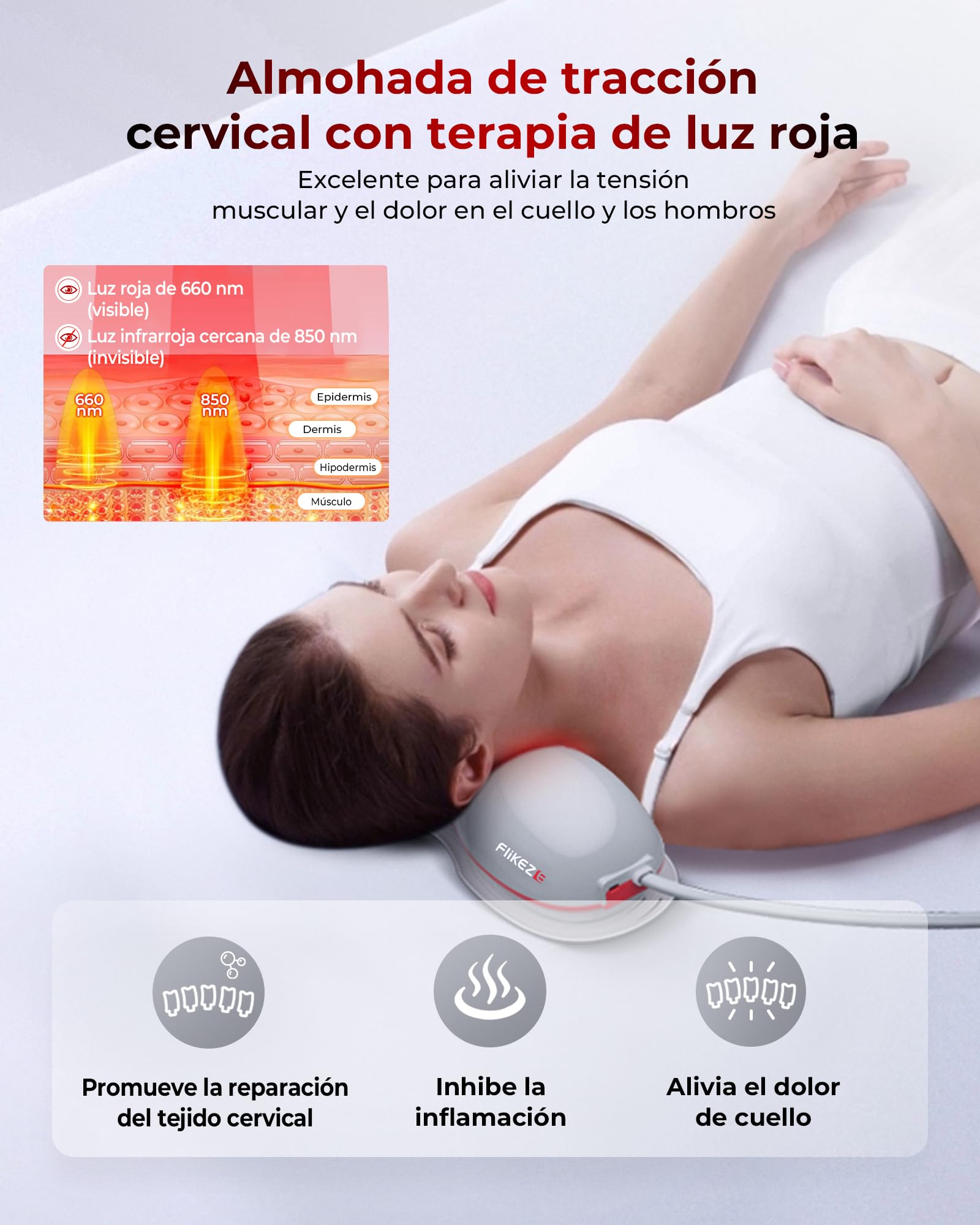 FliKEZE Dilatador de cuello térmico con terapia de luz roja, dispositivo de tracción cervical inalámbrico para alivio del dolor de ATM y relajante de hombros, almohada masajeadora de tracción de