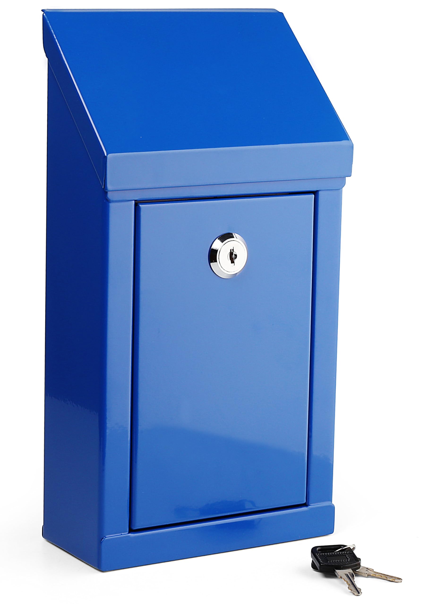 Metal Donation Box-Suggestion Box with Slot and Lock-Cash Lock Box for Money-Waterproof Drop Box-Comment and Ballot Voting Box-Comes with pre-drilled Holes for Easy Wall mounting 10 X 6 X 2.5(Blue)