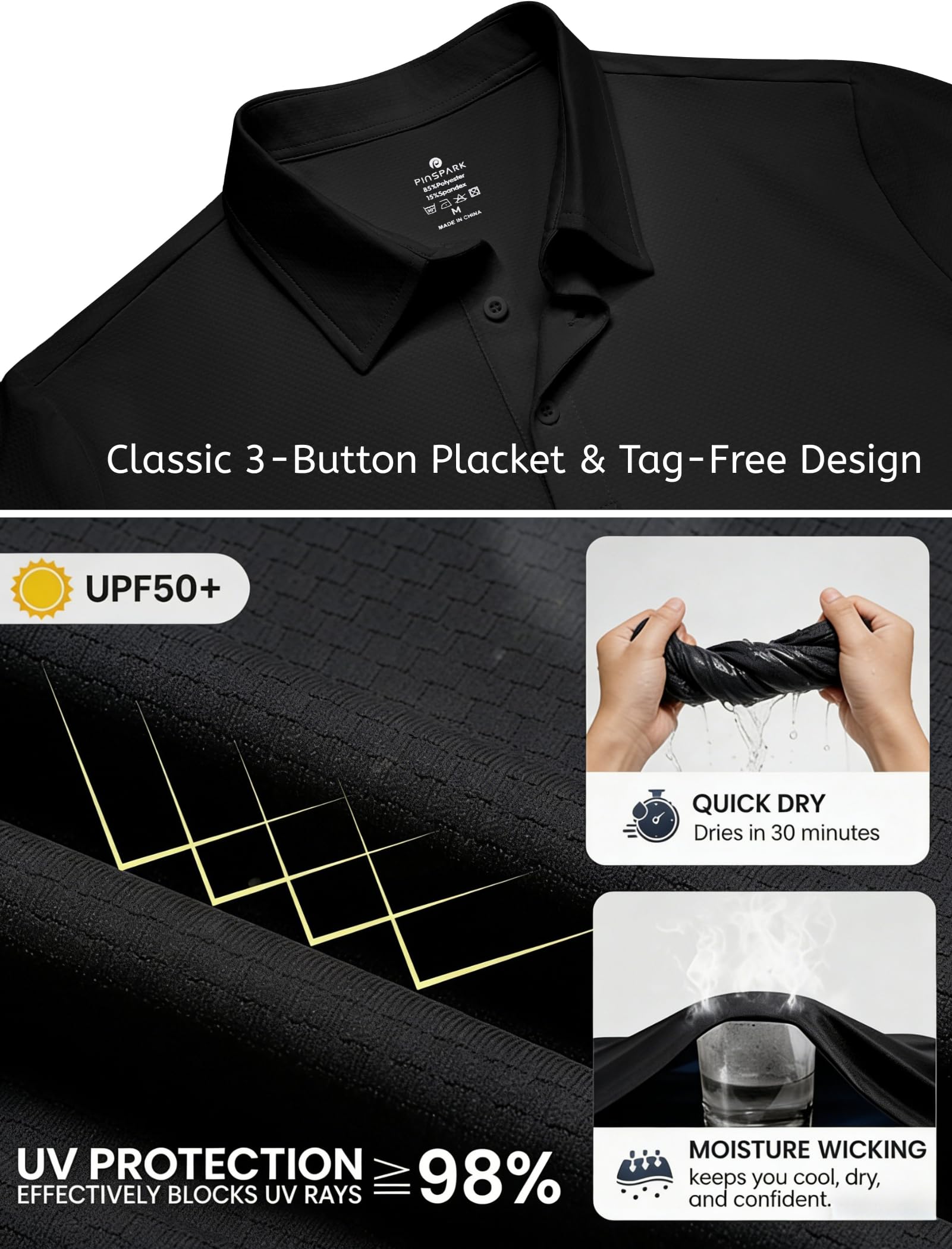 PINSPARK Mens Polo Shirt Performance Moisture Wicking Polo Shirts for Men UPF 50 Golf Shirts Quick Dry Casual Collared Shirt — view 4