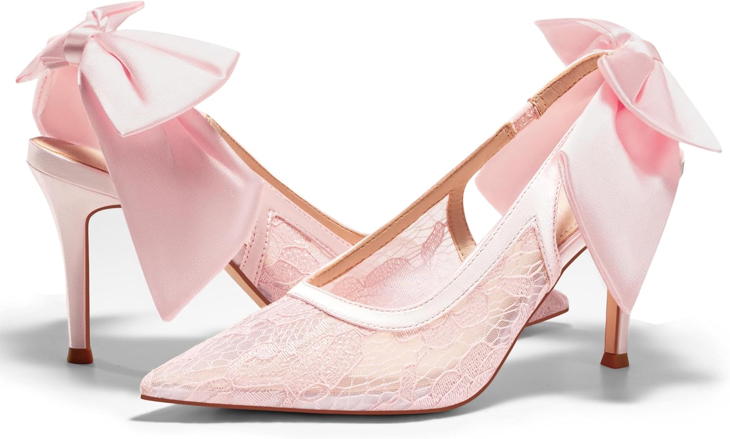 Coutgo Womens Slingback High Heels Bow Closed Pointed Toe Lace Patchwork Party Dress Shoes