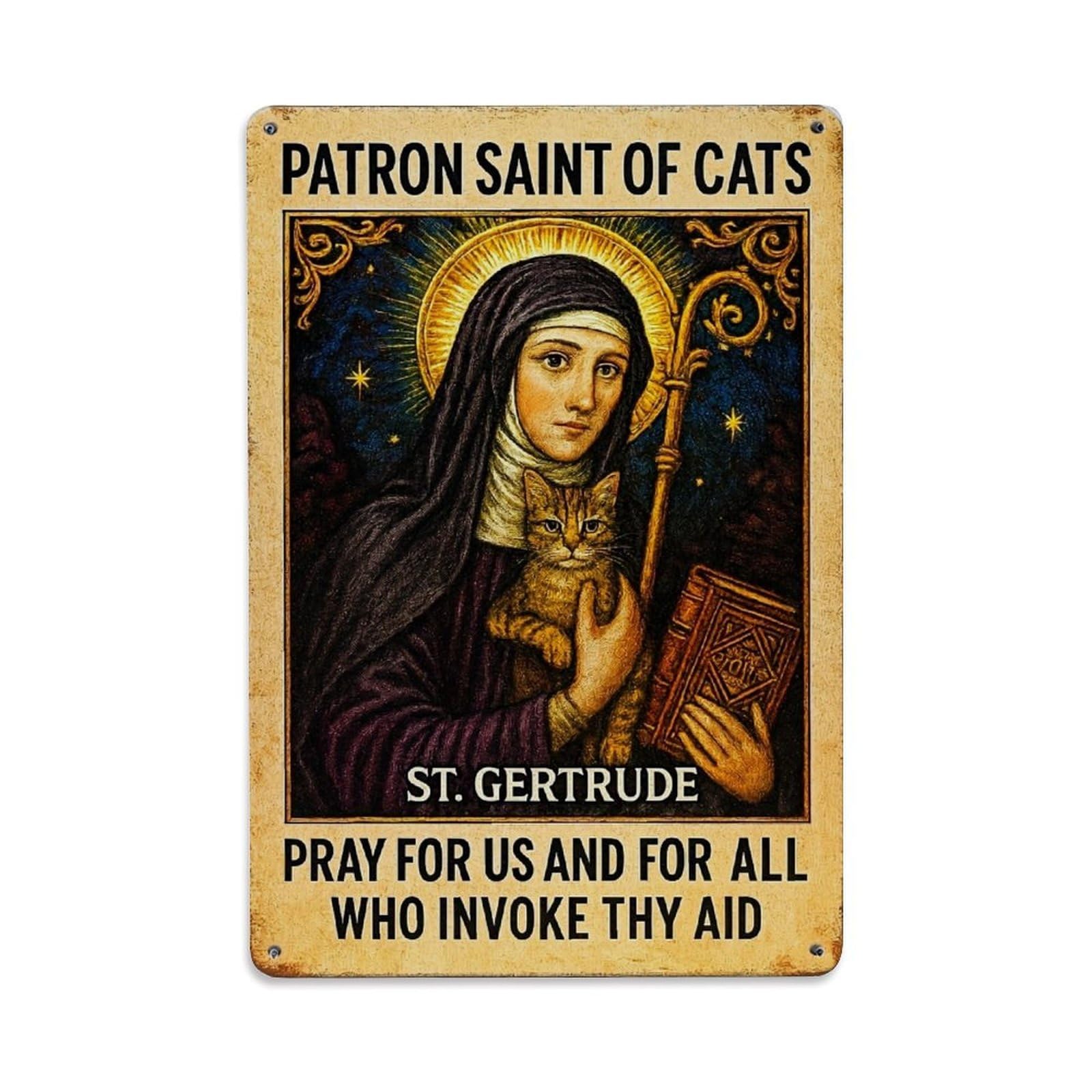 Nestemfo Vintage Saint Gertrude Holding Cat Tin Sign Metal Sign, Living Room,Bar, Home, Bedroom Wall Decor,Retro Metal Poster 8X12 Inches