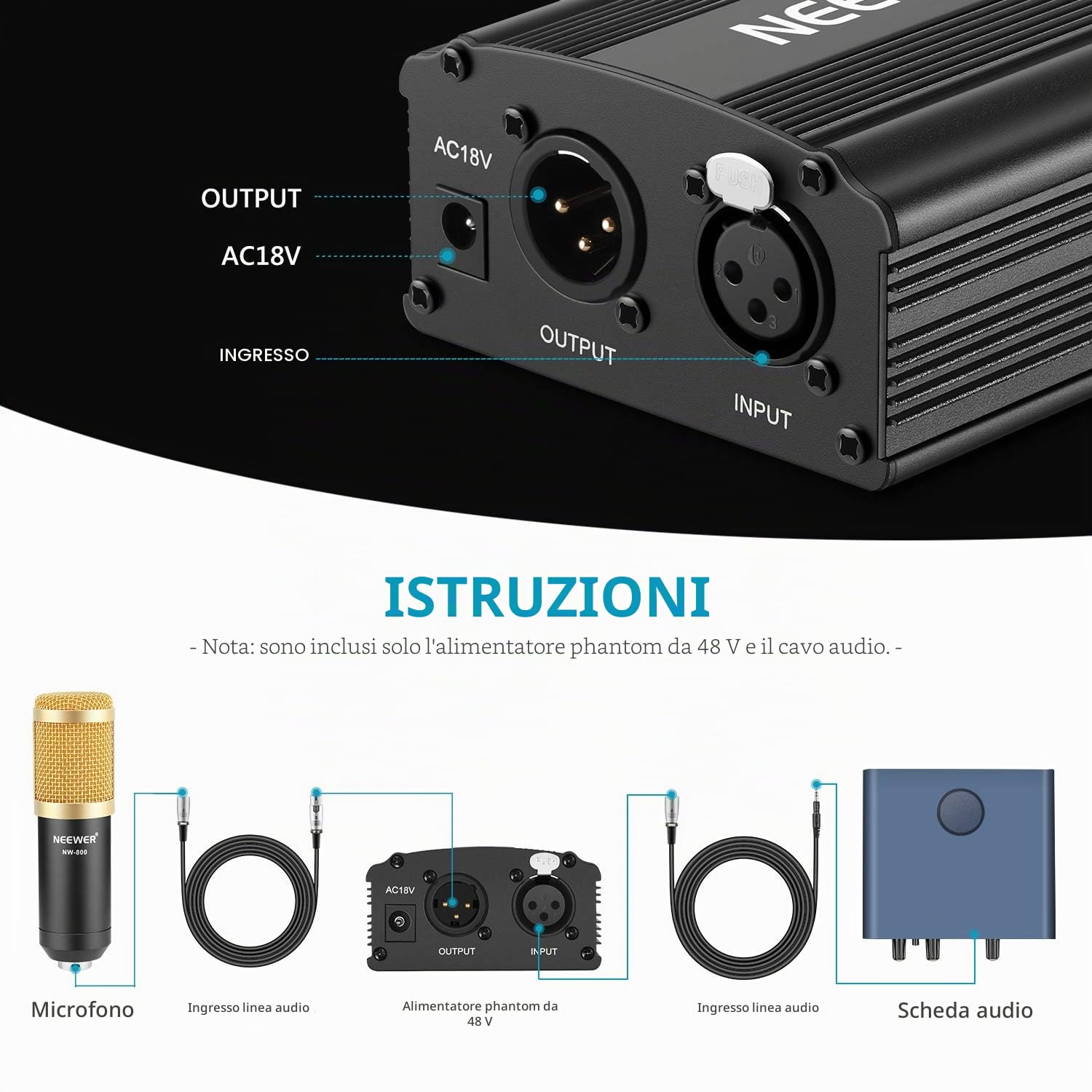 NEEWER Alimentazione Fantasma a 1 Canale 48V con Adattatore e un Cavo XLR Audio a 3 Pin per Tutti i Microfoni a Condensatore e le Apparecchiature di Registrazione