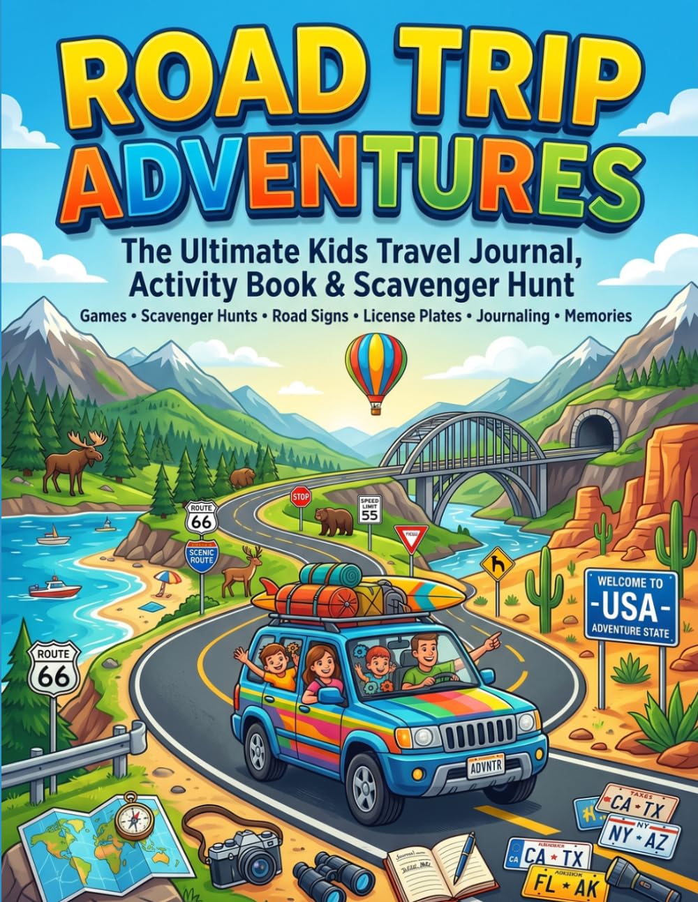 Road Trip Adventure Journal: A Fun Kids Travel Activity Book & Scavenger Hunt for Road Trips Ages 6–14 (150 Pages of Games, Mazes & Memory Pages)