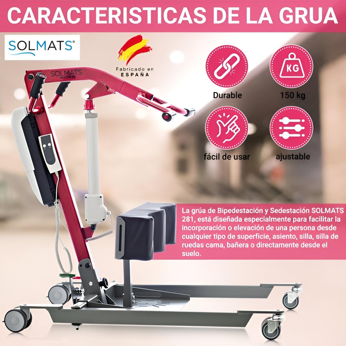 Grúa enfermos, Grúa para personas mayores, Grúa electrica, 150 KG, Solmats Grúa dúo, Grúa dos en uno, Personas Mayores, Dos arneses incluidos, Fabricado en España