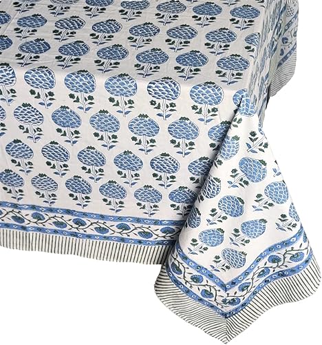 Miniatura 5 de ATOSII Roma Blue - Mantel rectangular de otoño 100% algodón, bohemio, estampado floral, a mano, para cocina, comedor, fiestas, al aire libre, bodas,