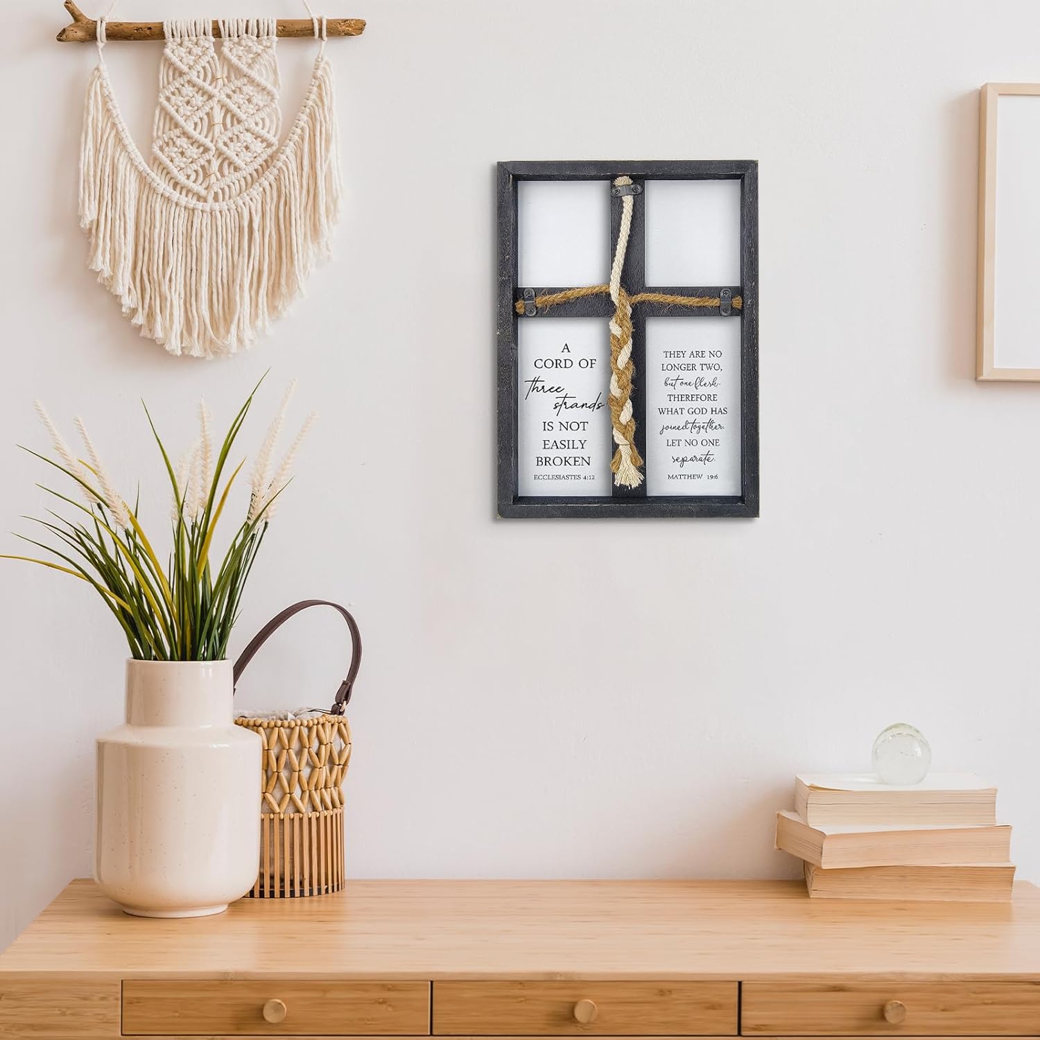 A Cord of Three Strands Wedding Sign 15"X10" Three Strands Braid Wall Decor Anniversary Religious Gifts for Couple Cross to Braid or Tie God's Knot, Symbolic of Unity (Black)