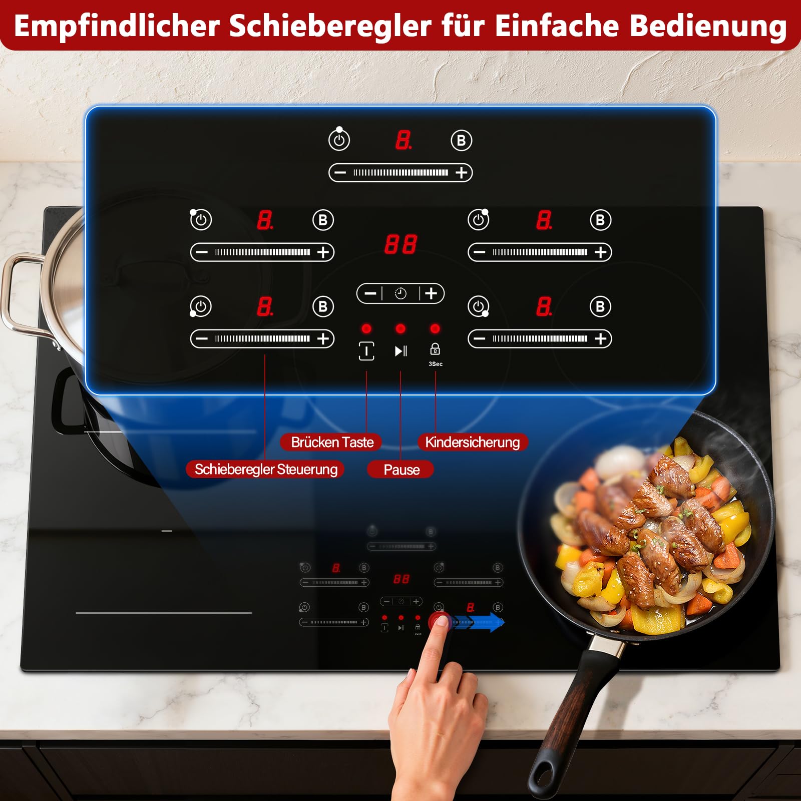 Induktionskochfeld 77 cm mit 5 Platten & 1 Flexzone, 9500 W, 9 Leistungsstufen mit Booster-Funktion, Touch-Slider-Bedienung, Timer 1-99 Min, Einbau-Kochfeld