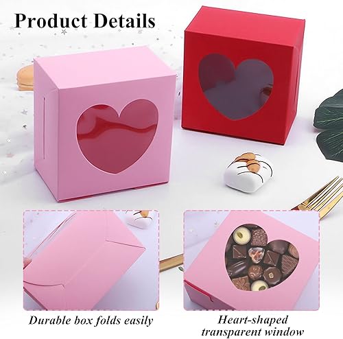 Miniatura 4 de Paquete de 12 cajas en forma de corazón rojo y rosa de 4 x 4 x 2.6 pulgadas con ventana, caja de fresa para el día de San Valentín, boda,