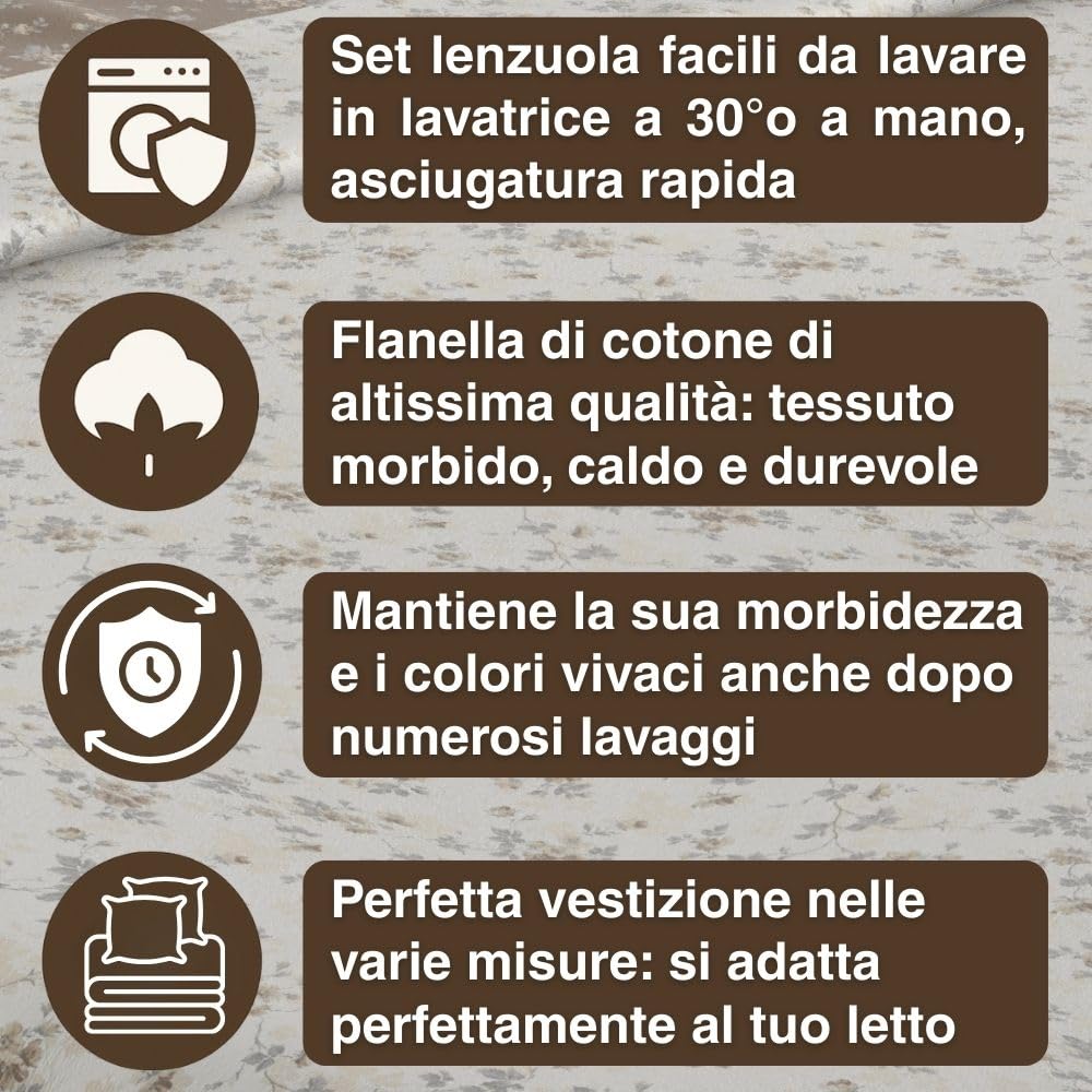 MAXIME MAISON - Completo Lenzuola Flanella Matrimoniale in Cotone Stampate, Set Lenzuola Matrimoniali Flanella Invernali con Fantasia Elegante (Garden Tortora)