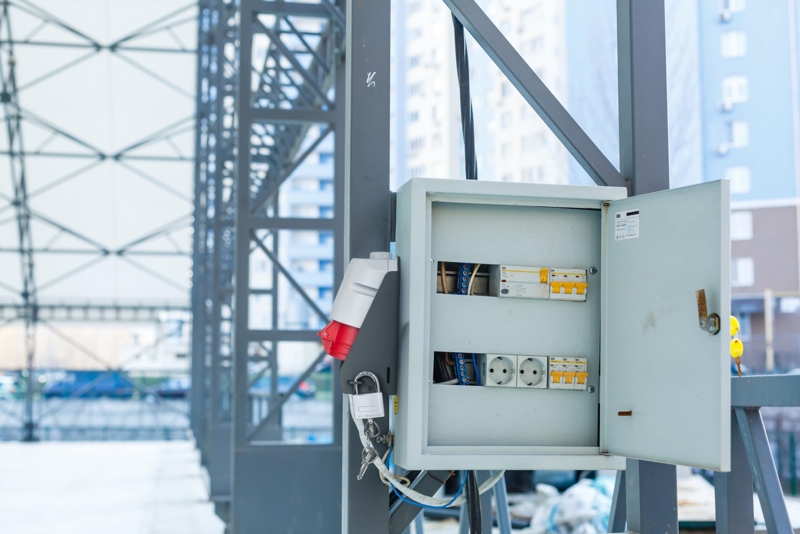 CEE Steckdose abschließbar – Industriesteckdose mit Aluminium-Gehäuse & Vorhängeschloss – Wandmontage (22 kW (400 V, 32 A, 3-phasig))
