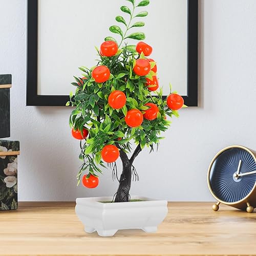 Miniatura 4 de Decoraciones de bosque encantado, árbol de naranja artificial, planta de plástico en maceta de simulación, árbol de cítricos bonsái con florero,