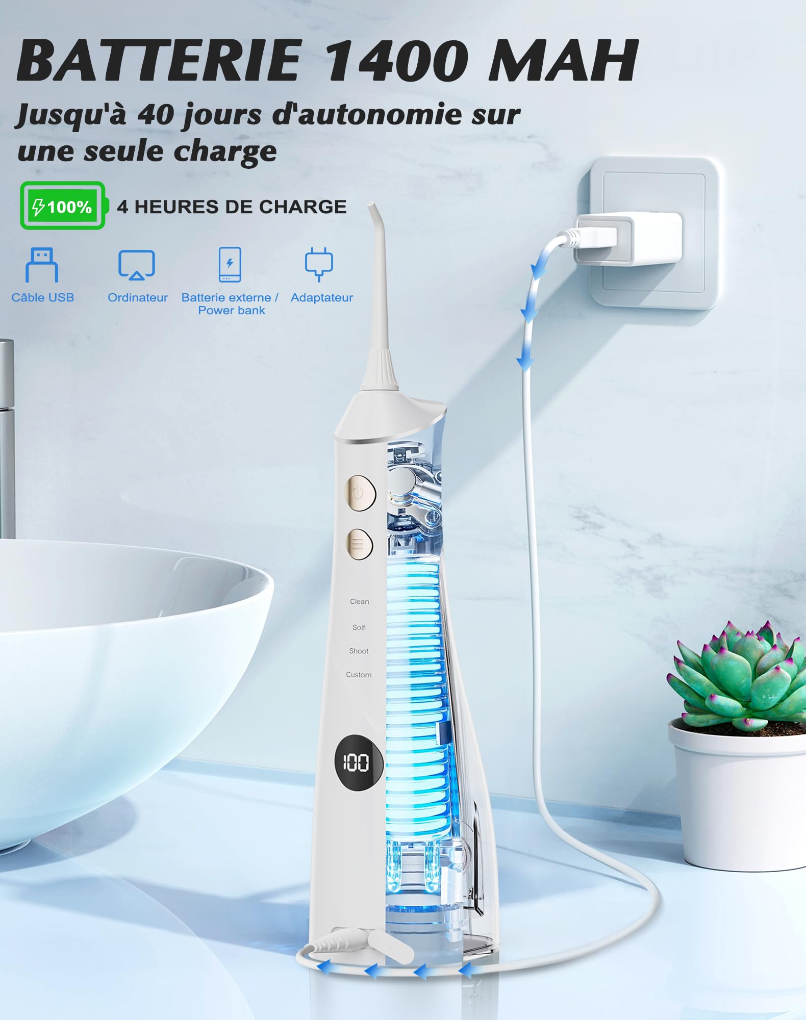 Hydropulseur Dentaire, Jet Dentaire Vainqueur du Test 2025, 5 Embouts et 4 Modes, Nettoyage Interdentaire, Soins Bucco-Dentaires, Grand Réservoir, Étanchéité IPX7, pour la Maison et Les Voyages