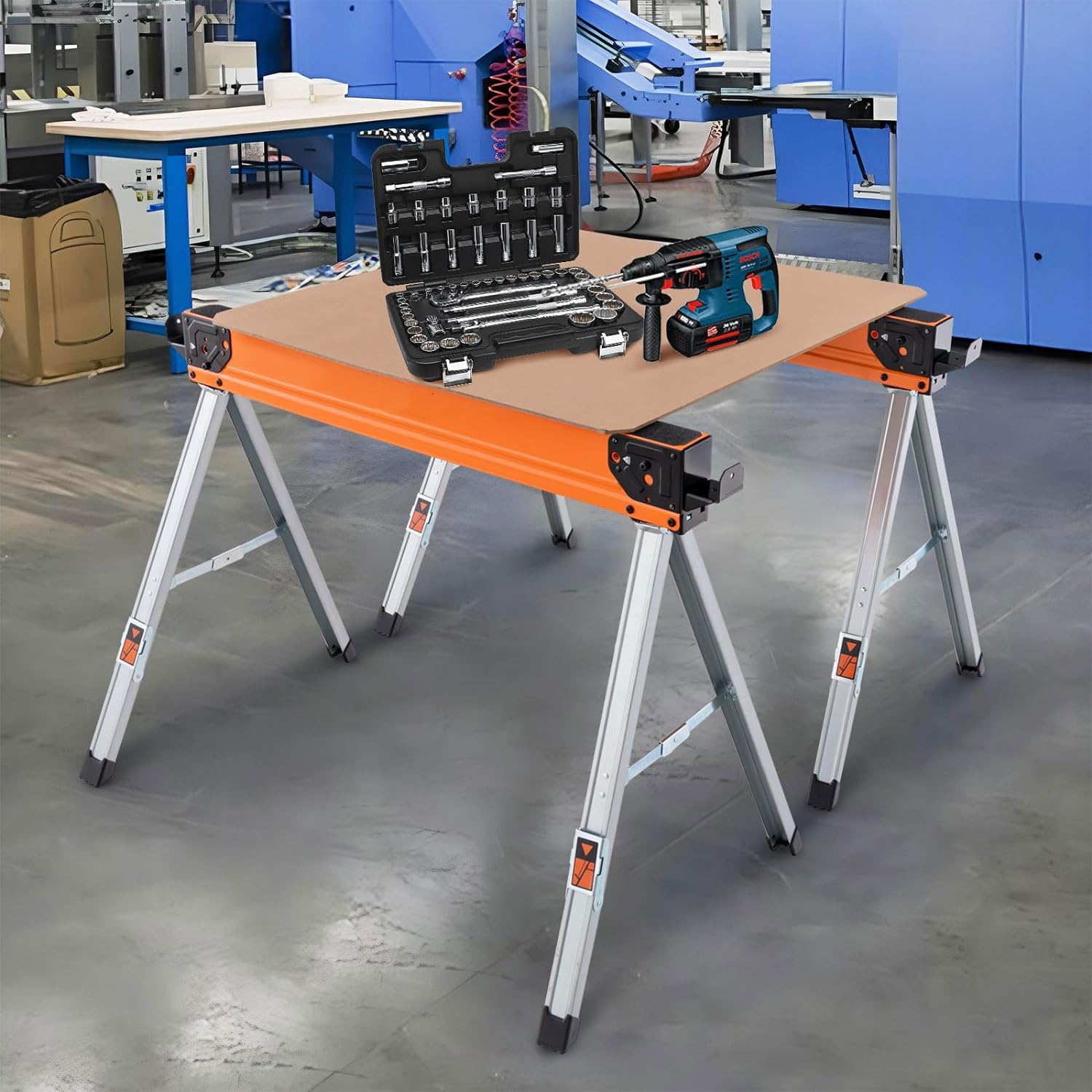 GOLUS Lot de 2 Chevalets de Sciage Pliables, 2 Tréteaux de Scie avec Patins Antidérapants, Structure Triangulaire, Charge Capacité 500 KG, pour Découpe, Sciage, Bricolage(Orange+Argent)