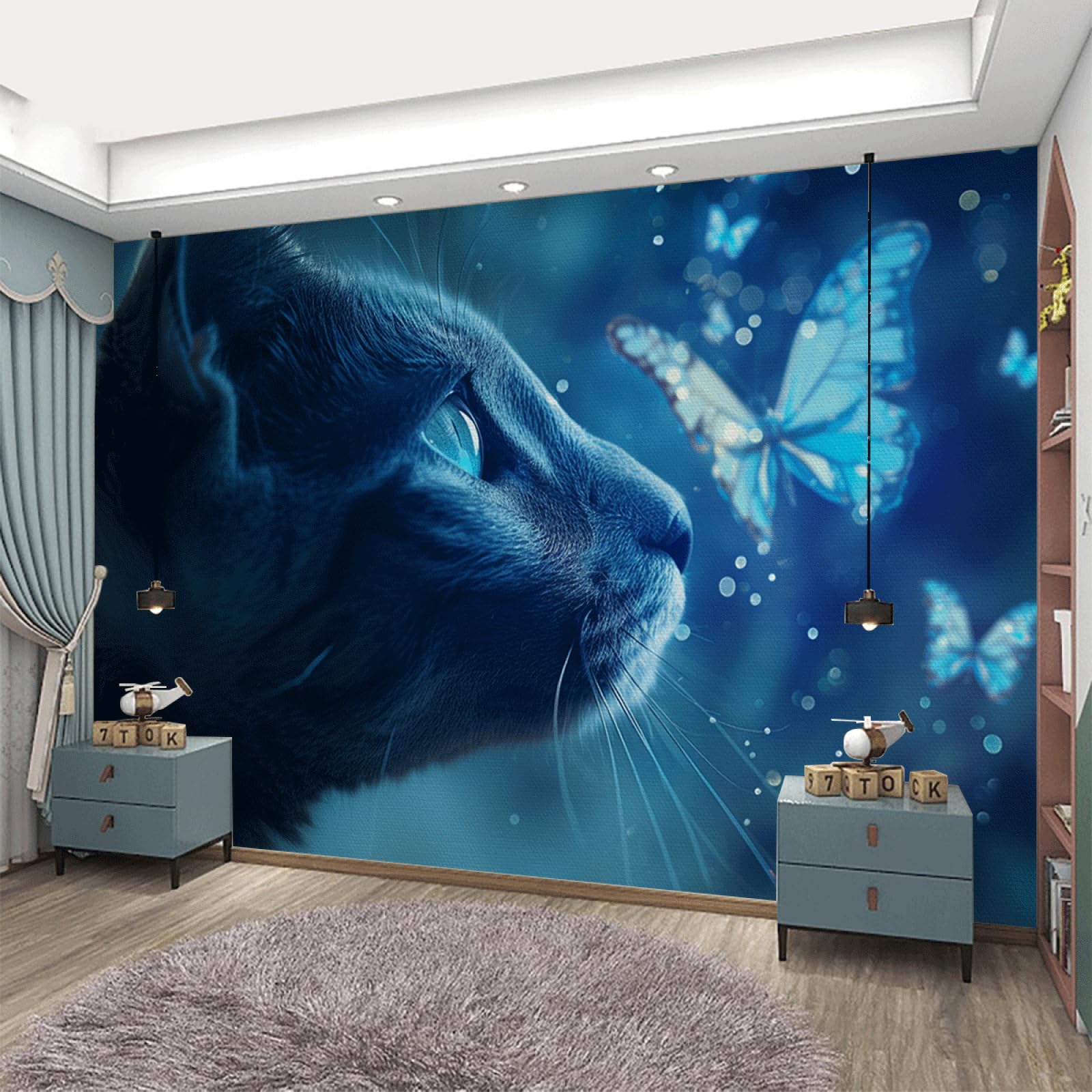 Papel Pintado Pared DormitorioGato Gris Azul Papel para Pared Removible sin Pegamento Decoración Mural para Salón Oficina Habitación Infantil Fácil de Instalar 400x240cm