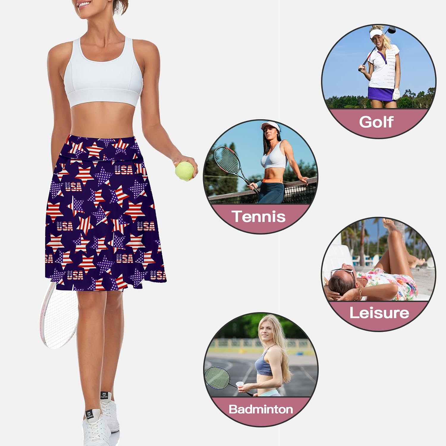 WOWENY Womens 20'' Knee Length Tennis Skirts Athletic Long Golf Skorts Skirts with Inner Shorts Pockets