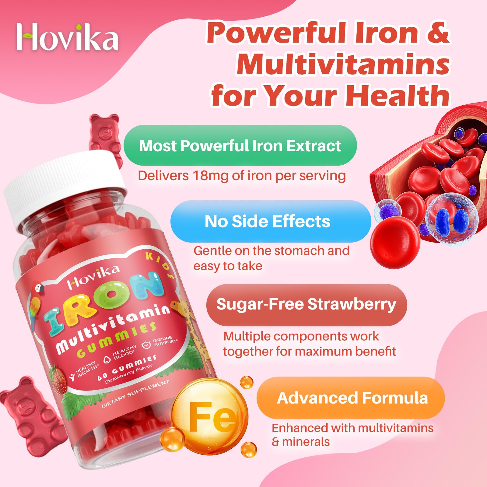 Iron Supplement Gummies for Kids with Multivitamin, Calcium, Zinc, Folate - Kids Iron Gummies Support Immune, Blood Builder, Iron Deficiency, Anemia & Energy - Vegan, Strawberry 60 Count — Amazon image 6
