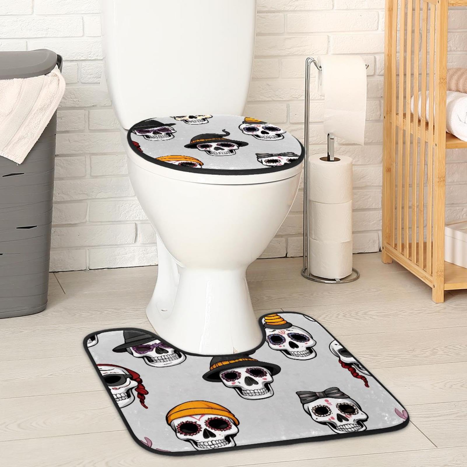 2 Pieces Flannel Toilet Contour Mat and Toilet Lid Cover, Soft Toilet Lid Cover Set Machine Washable Non Slip Contour Mat for Bathroom Decor Accessories