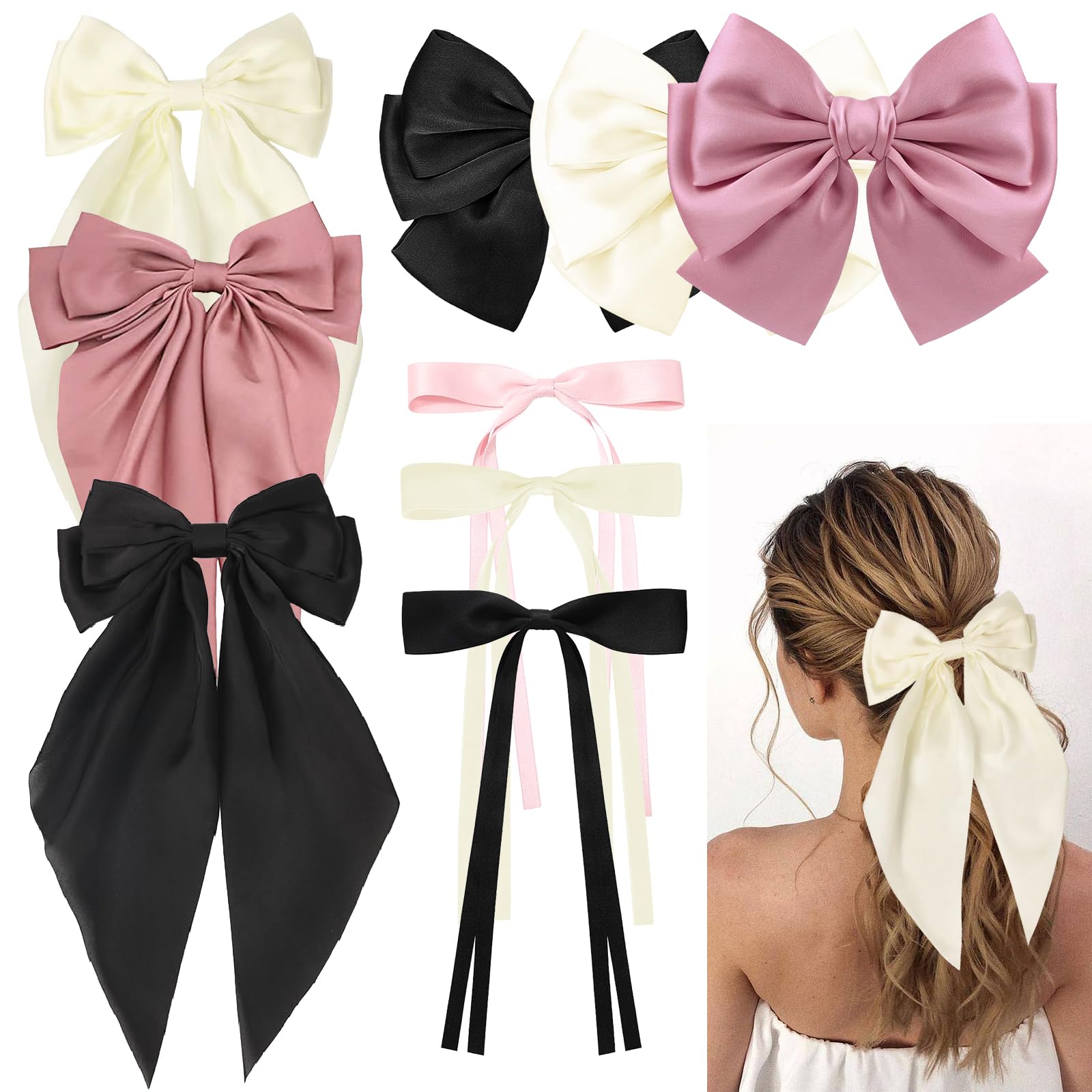 9 Pcs Women's Clip Set - Soft Satin Silky Big Bows for Thick Hair in Black, Pink, White