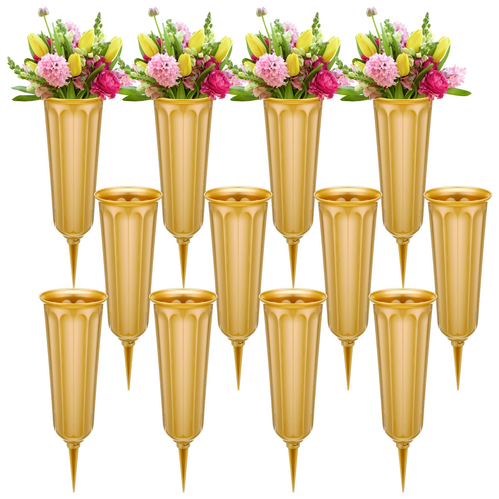kymqlyw 12 Pcs Plastic Cemetery Vases with Spikes Memorial Flower Vase Cemetery Grave Flower Holder Ground Vases with Stakes for Artificial Fresh Flowers Lawn Headstone Graveside Decoration (Gold)