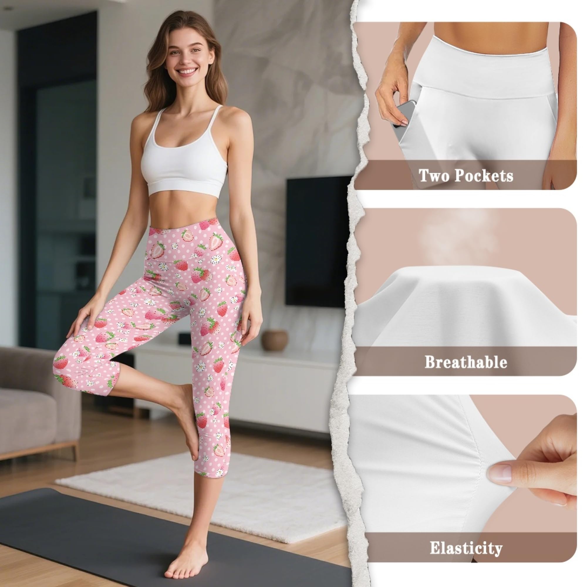 Amzbeauty Leggings capri de 3/4 de longitud para mujer, de cintura alta, pantalones deportivos con bolsillos, para yoga, fitness, correr, entrenamiento, gimnasio
