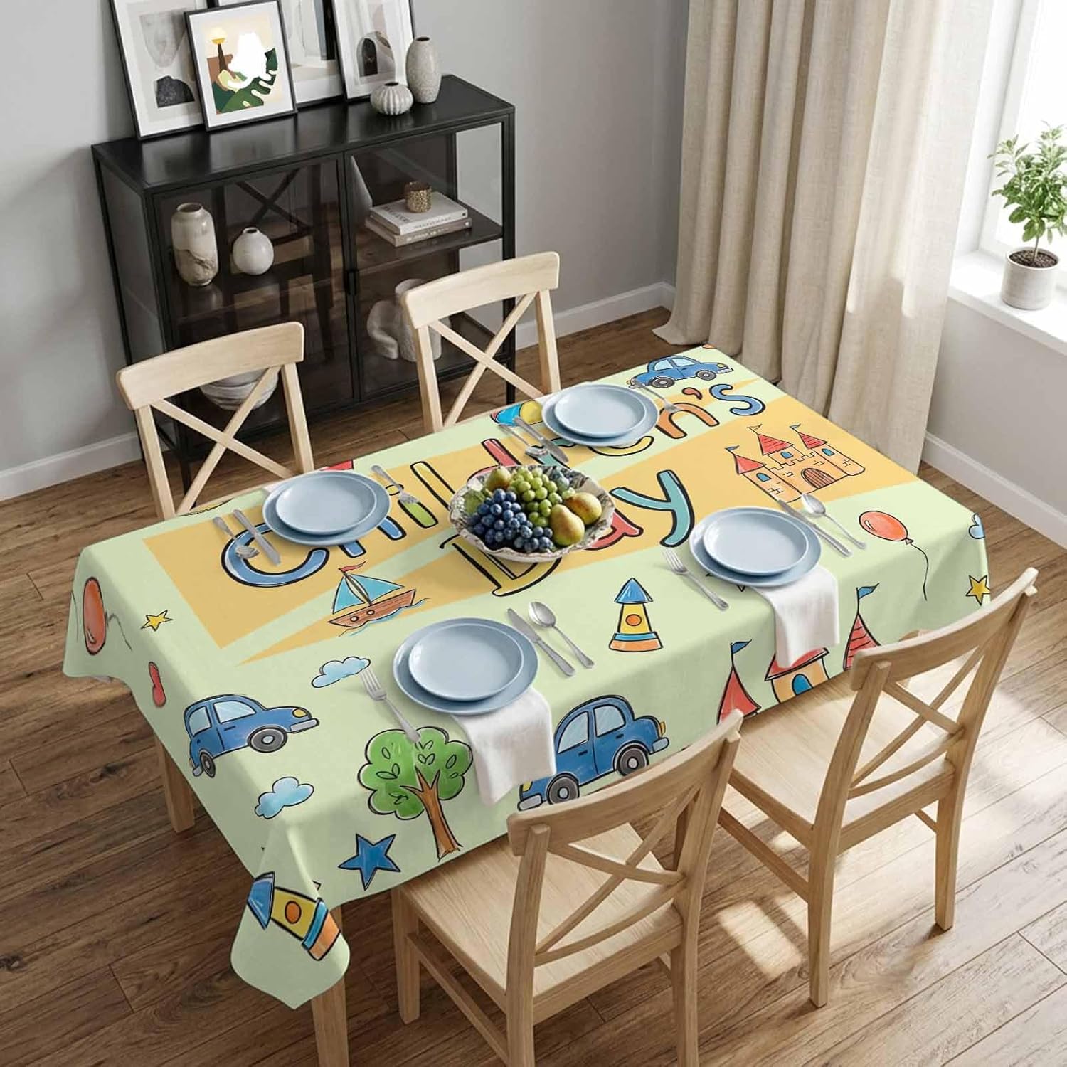Happy Children's Day Rectangle Tablecloth, Cartoon Castle Childhood Innocence Waterproof & StainResistant Tablecloth, Washable Oil-proof Table Cover for Dining/Party/Wedding/Camping/Buffet 60x84 In