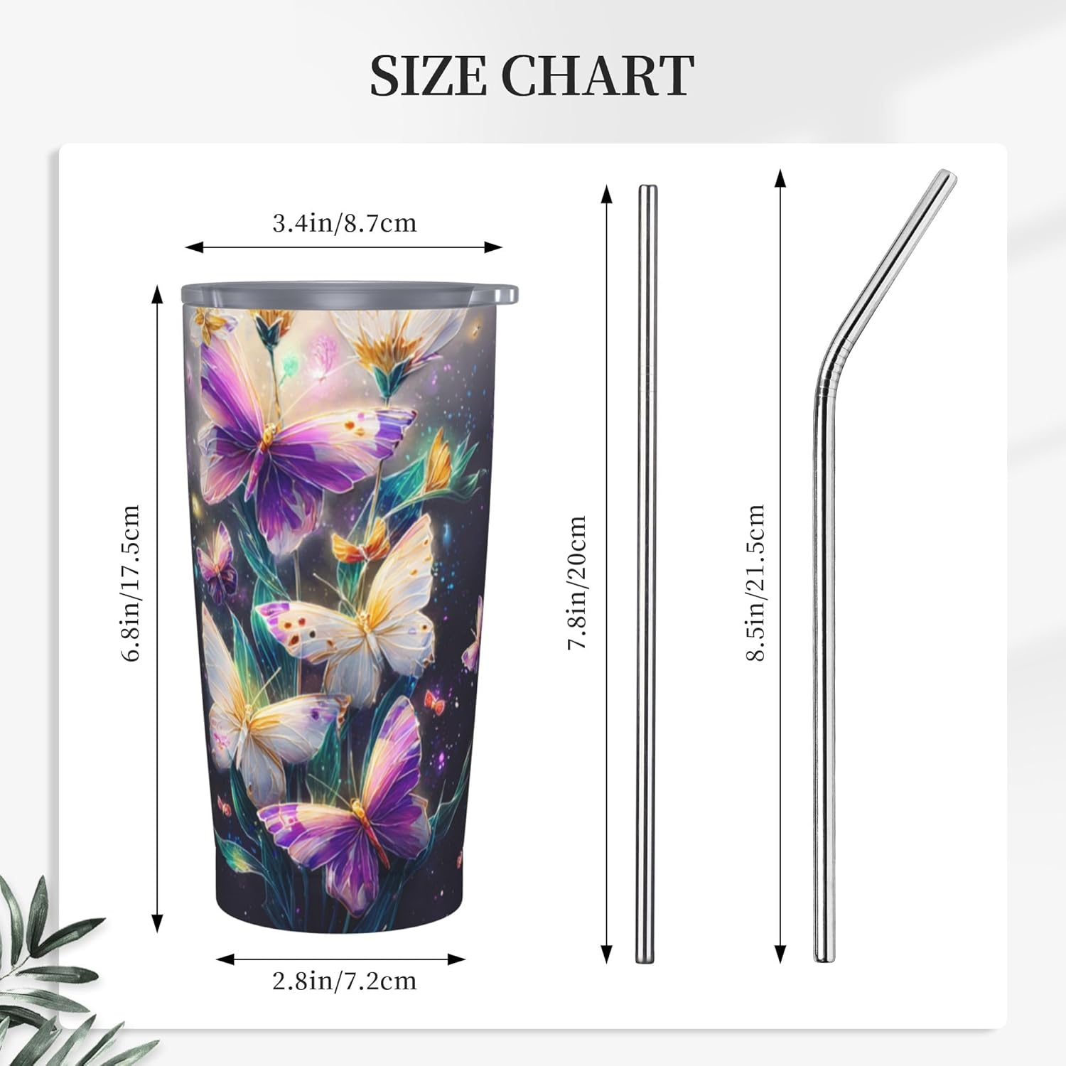 Yrebyou Butterfly Tumbler 20oz with Lid and Straw Stainless Steel Insulated Coffee Mug Leak-Proof Travel Cup for Water Iced Tea or Coffee - Image 3