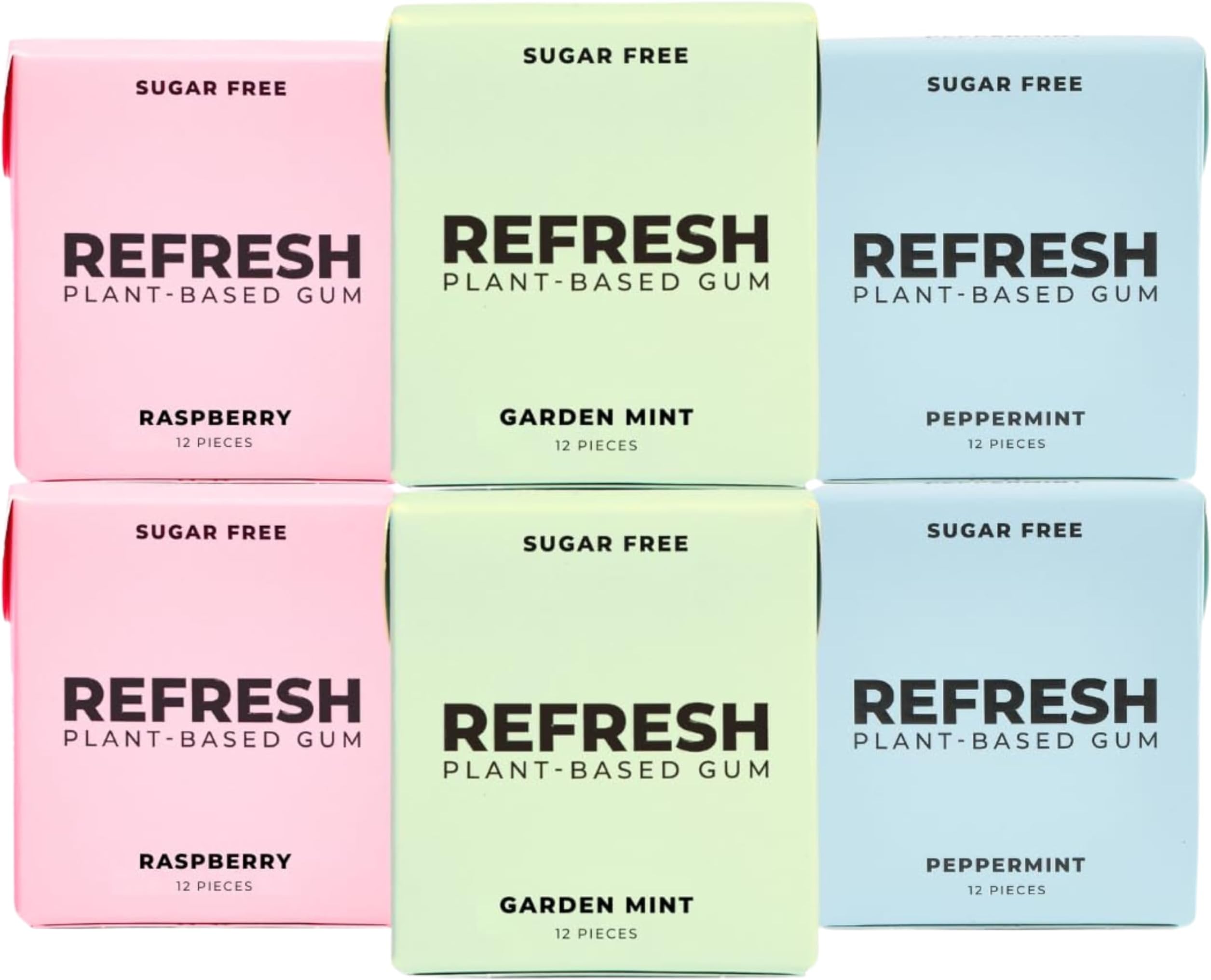 リフレッシュガム、キシリトール、ナチュラル、シュガーフリー、長持ち、プラスチックフリー、天然フレーバー&オーガニック成分、植物由来、非遺伝子組み換え、ペパーミント、ベストセラーバラエティパック、12個、6パック
