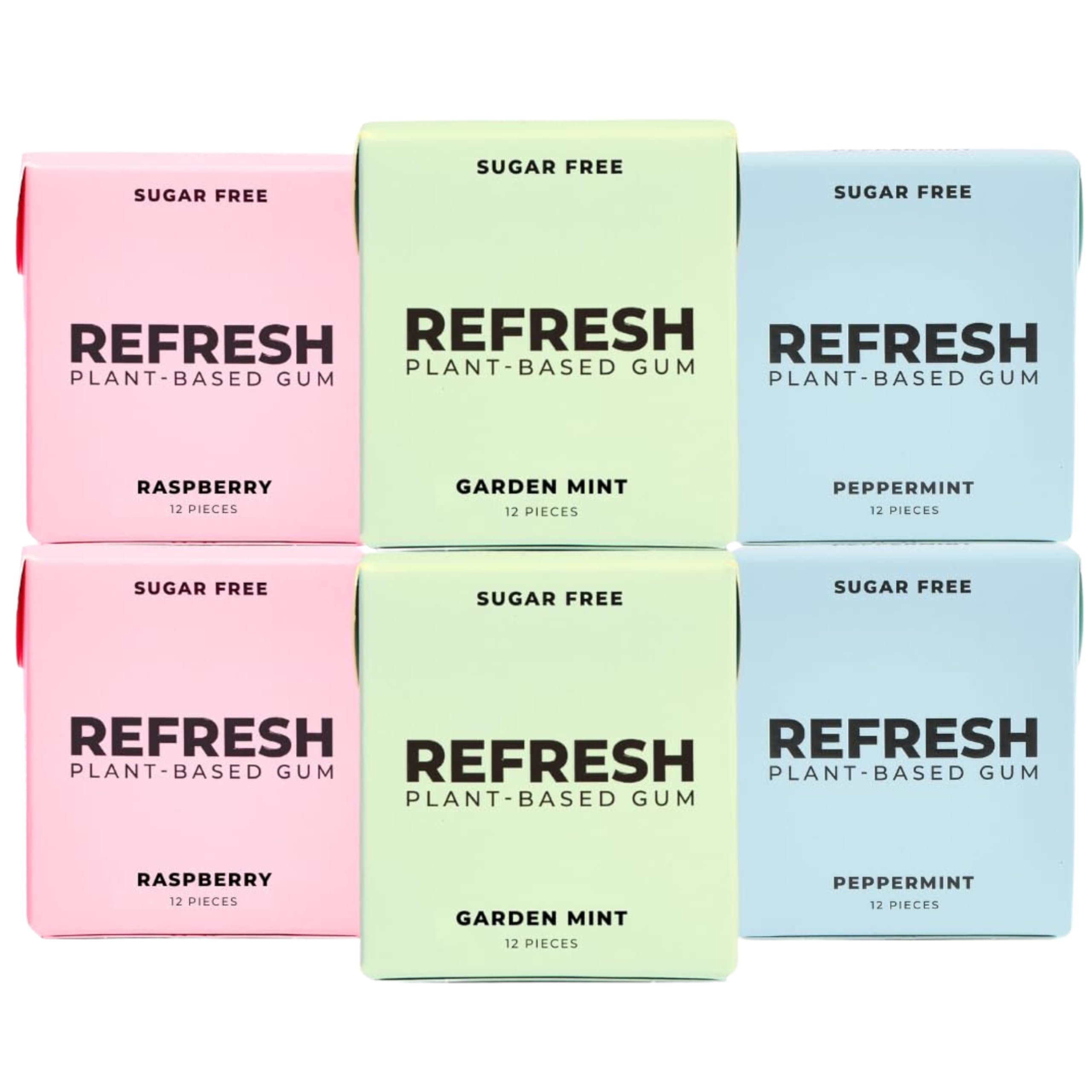 Refresh Gum, Xylitol, Natural, Sugar Free, Long Lasting, Plastic Free, Natural Flavors & Organic Ingredients, Plant-Based, Non GMO, Peppermint, Best Sellers Variety Pack, 12 Pcs, 6 Pack