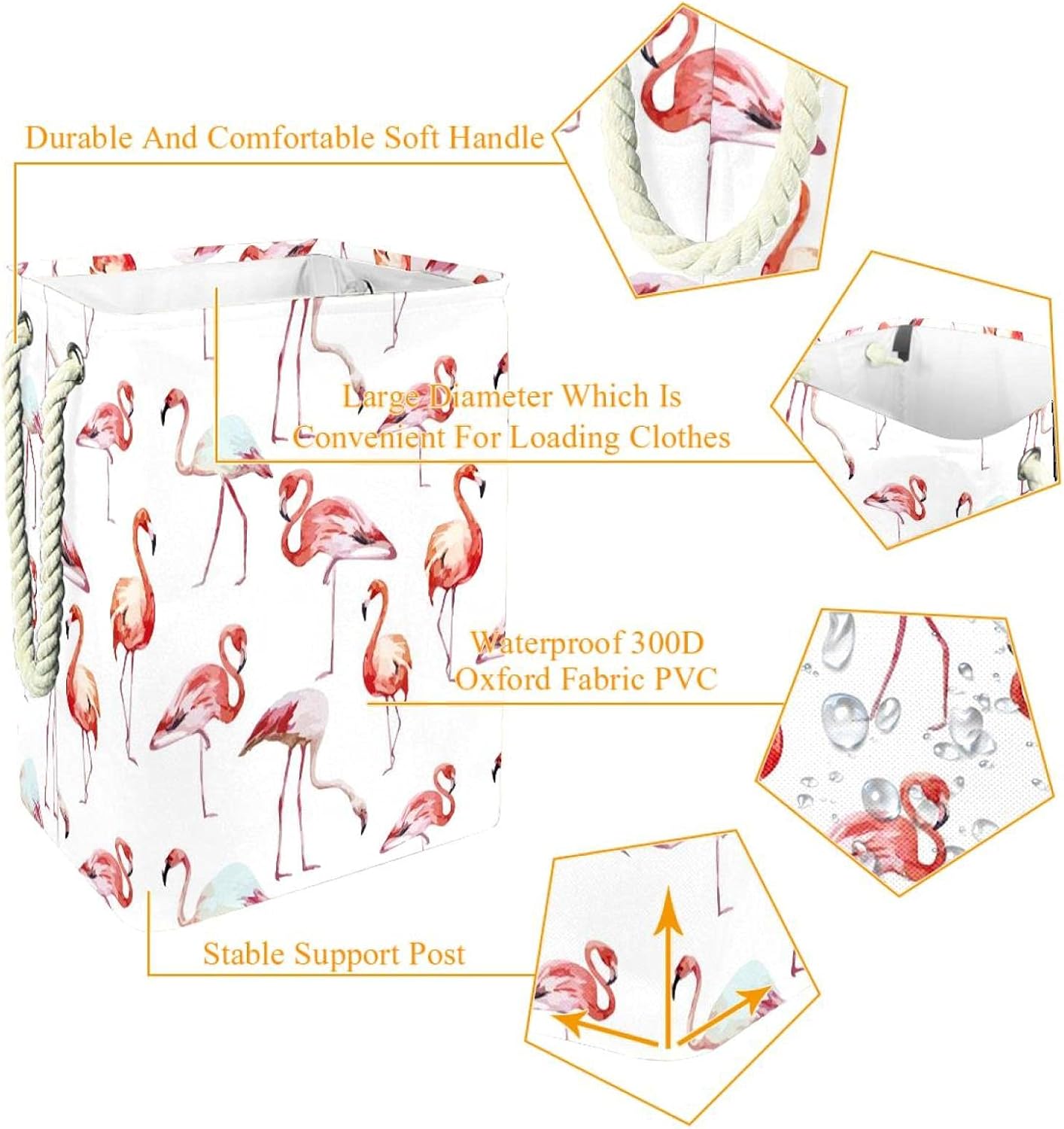 Elegant Pink Flamingos Large Laundry Hamper With Easy Carry Handle, Waterproof Collapsible Laundry Basket For Storage Bins Kids Room Home Organizer