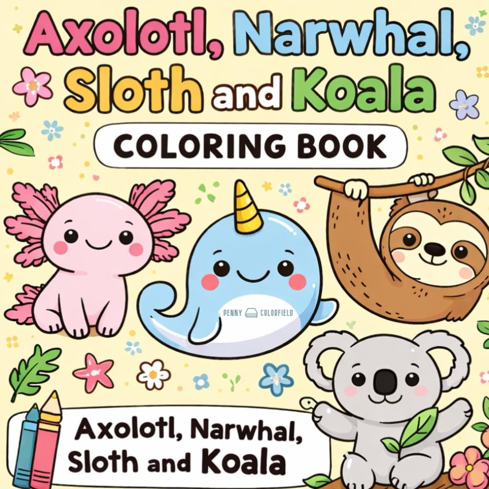 Axolotl, Narwhal, Sloth and Koala Coloring Book: A Bold and Easy Animal Coloring Book for Kids Ages 4–8 Featuring Axolotls, Narwhals, Sloths and Koalas