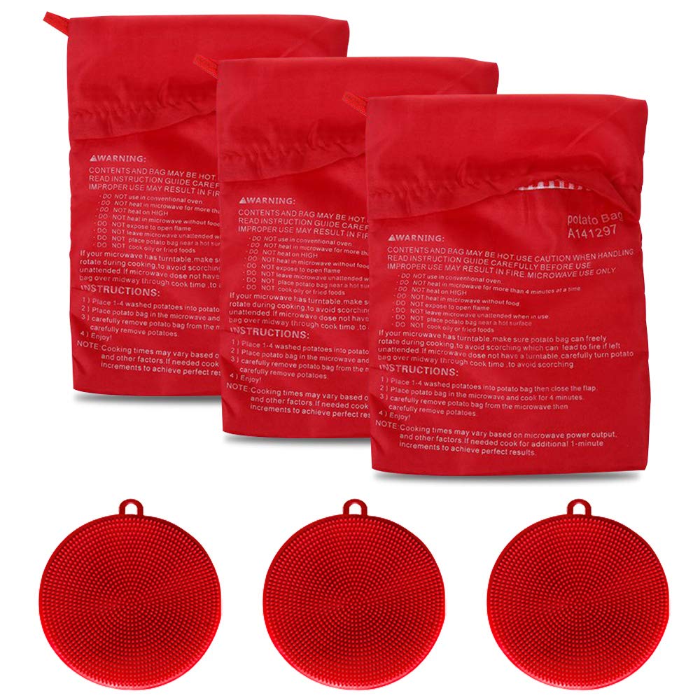Bolsas de patatas para microondas en cenas rápidas con esponja y cepillos de silicona rojos