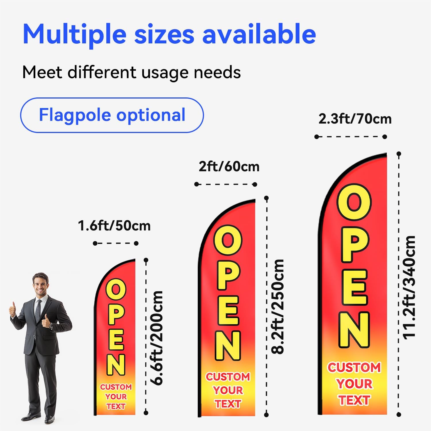 Custom OPEN Feather Flag, Flagpole optional, Personalized Advertising Banner for Businesses, Add Your Text, Brand Name, Phone Number, etc, High-Visibility Swooper Flag for Storefronts & Roadside Signs, Single/Double-Sided Print (70x340cm/2.3x11.2FT)