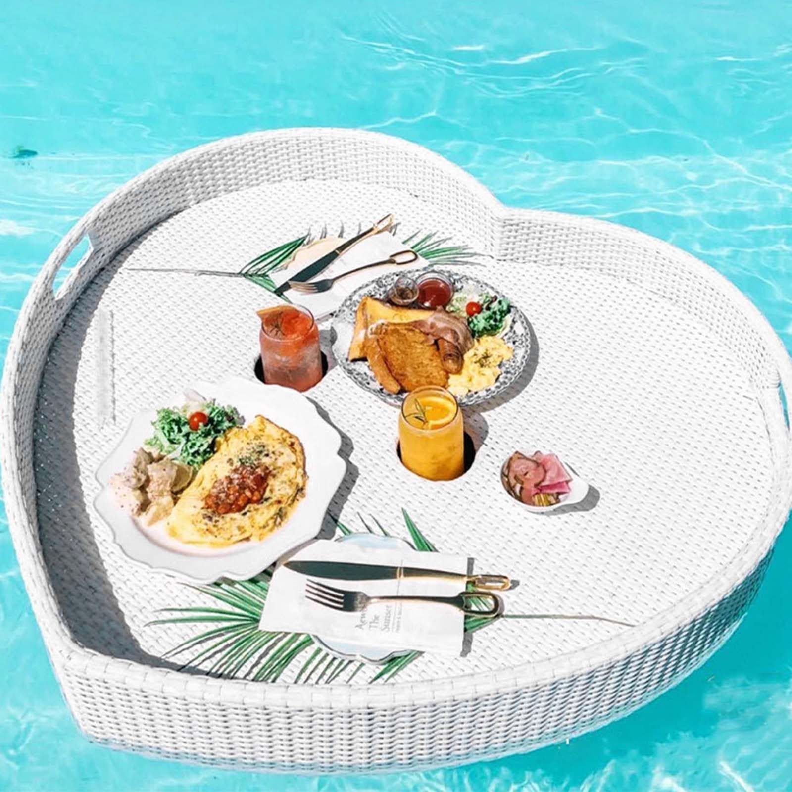 Prettiee Floating Serving Tray for Breakfast Pool Float Tray Black Drink Holder Hotel Pool Breakfast Tray Versatile Floating Tray for Tea & Coffee Perfect for Entertaining (White)