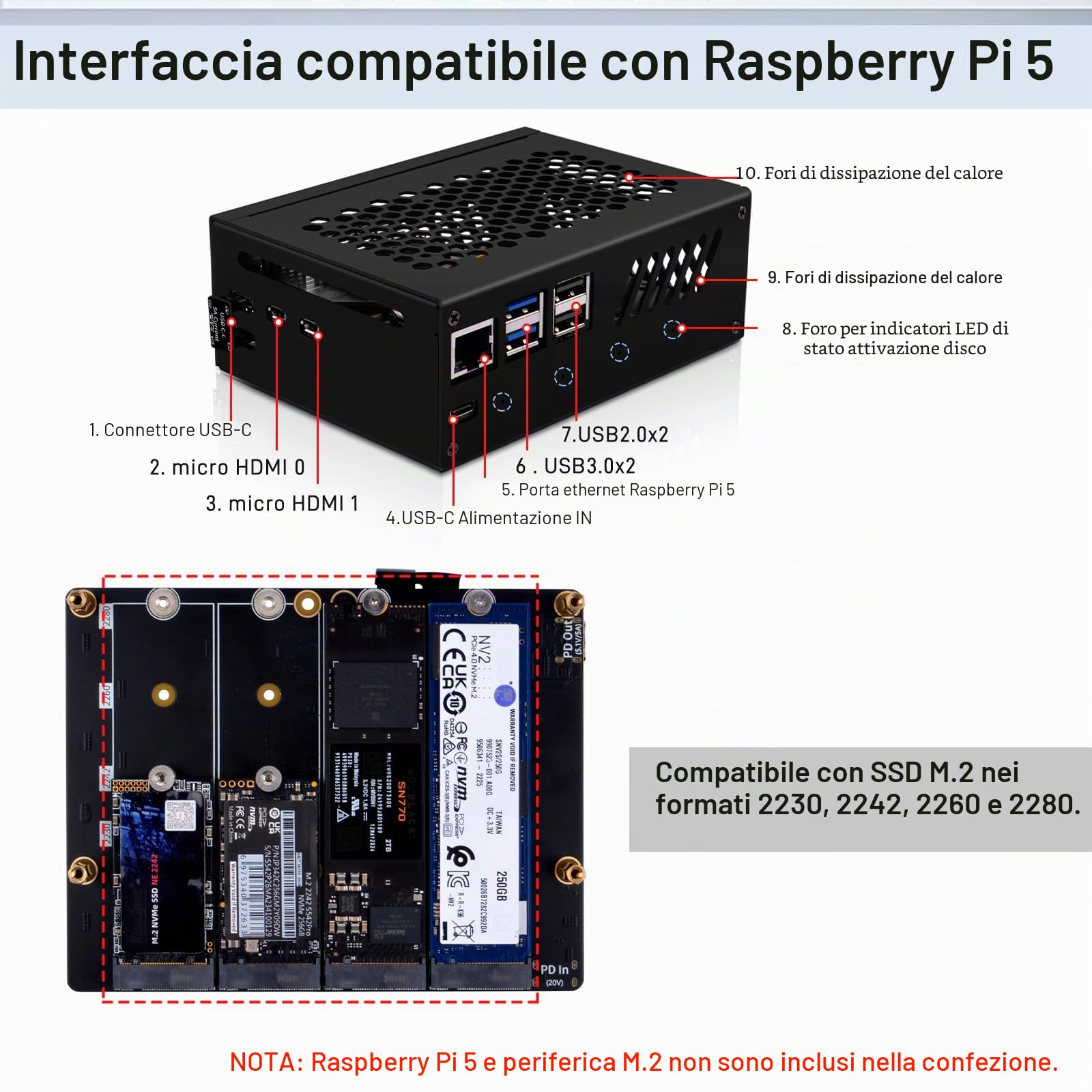 GeeekPi N16 Quad M.2 M-Key NVMe SSD HAT con custodia in metallo e dispositivo di raffreddamento attivo per Raspberry Pi 5, supporto SSD M.2 NVMe M-Key 2230/2242/2260/2280