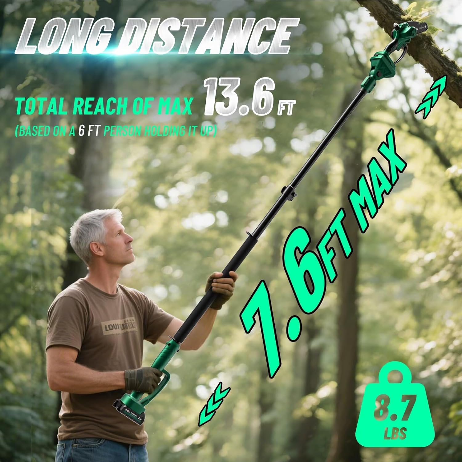 2-in-1 Pole Saws for Tree Trimming, Brushless Mini Chainsaw 6 Inch with Extension Pole, Electric Pole Saw with 2*2.0 Ah Battery Powered Pole Chainsaw, Electric Tree Trimmer for Branch Cutting