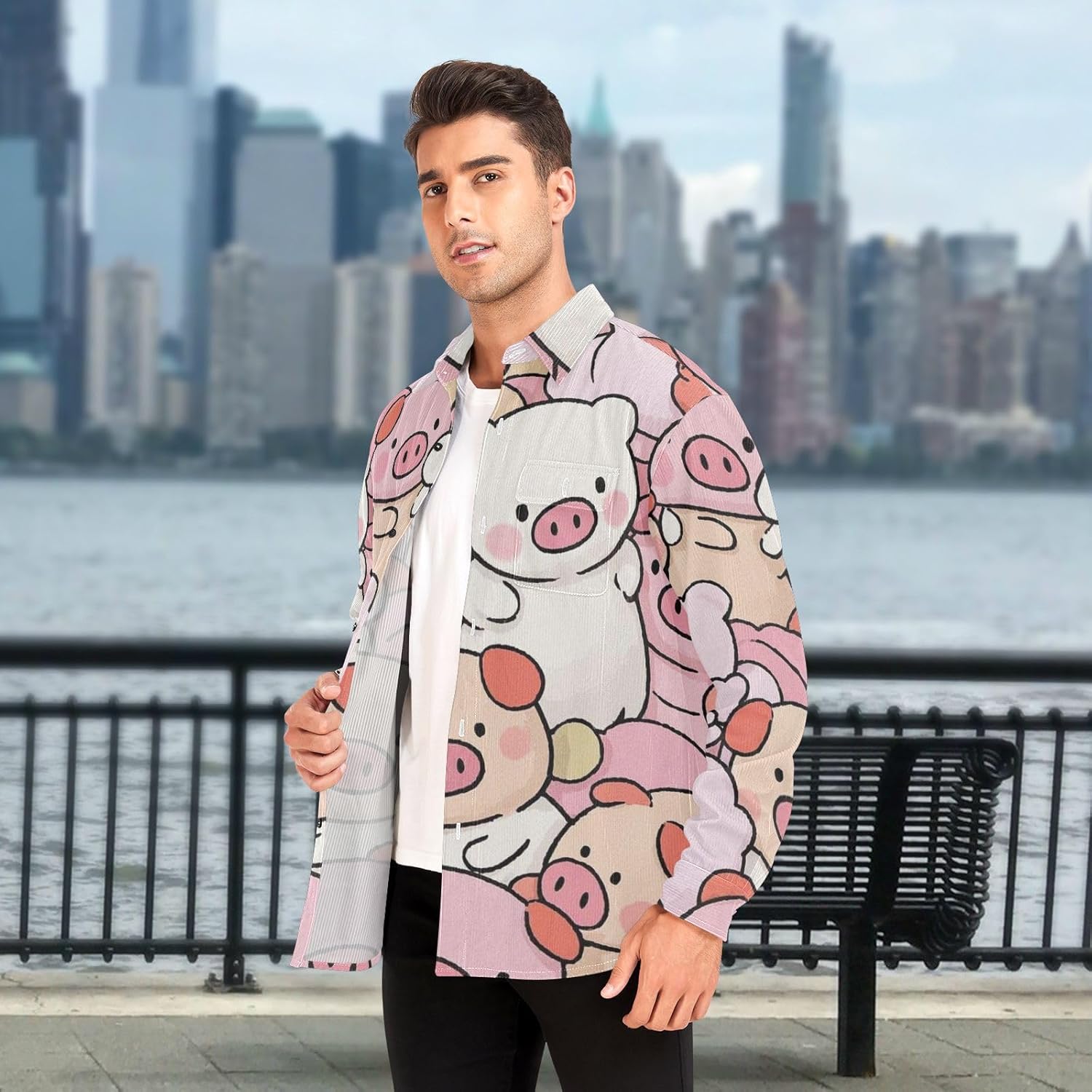 Cute Cartoon Pig Pink Woolen Cord Fabric Mens Rugby Shirts Long Sleeve for Women Collared with Pockets
