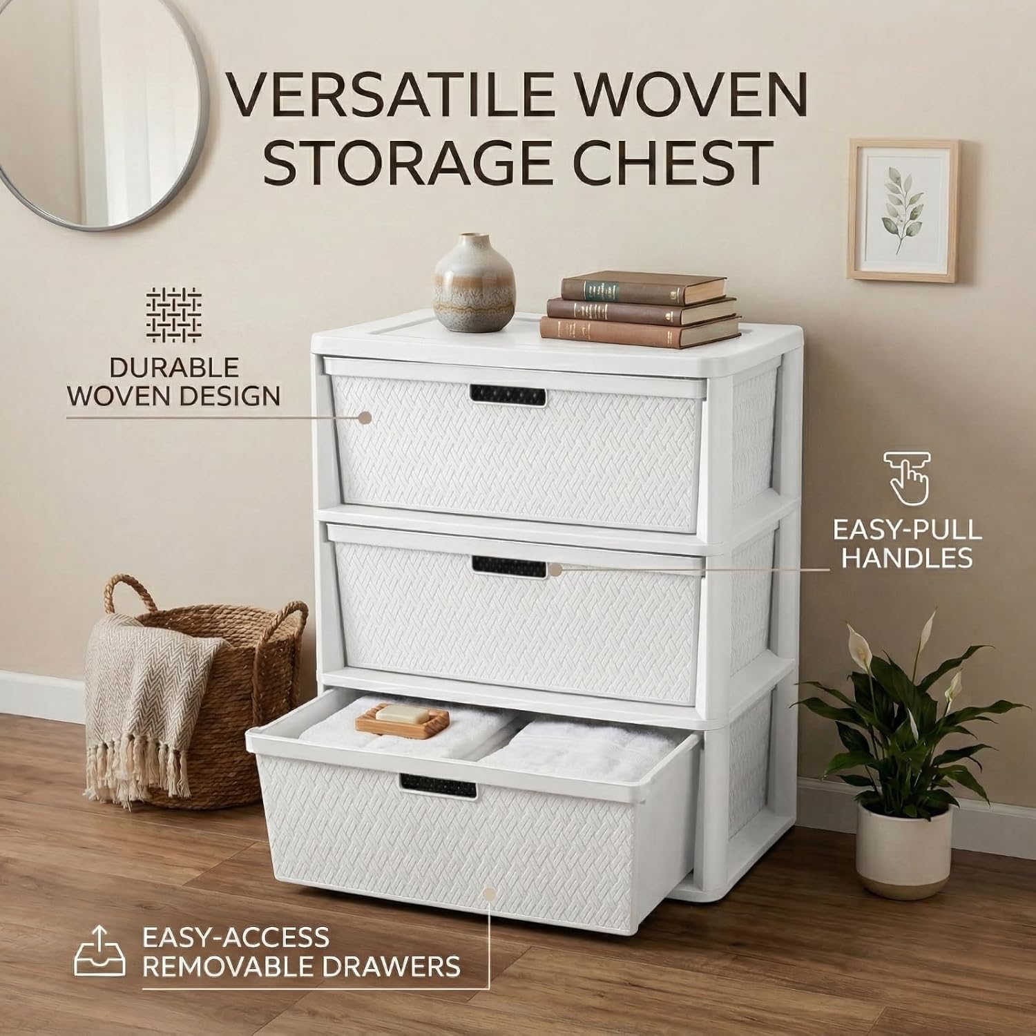 Premium Wide 3-Drawer Plastic Storage Tower, Decorative Opaque White Weave Organizer, Lightweight Freestanding Drawer Unit for Bedroom, and Dorm Organization, No Tools Assembly