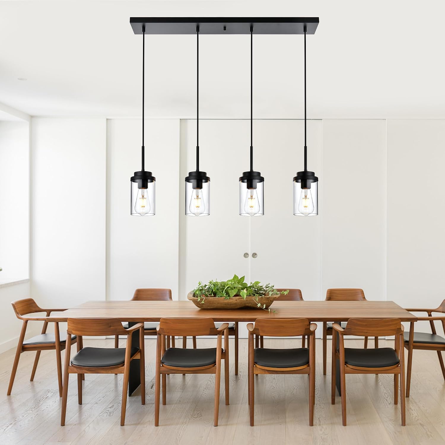 BONLICHT 4 Light Kitchen Island Linear Pendant Lighting Industrial Black Farmhouse Chandelier with Clear Glass Shade,Modern Dining Room Light Fixtures Hanging Ceiling Over Table