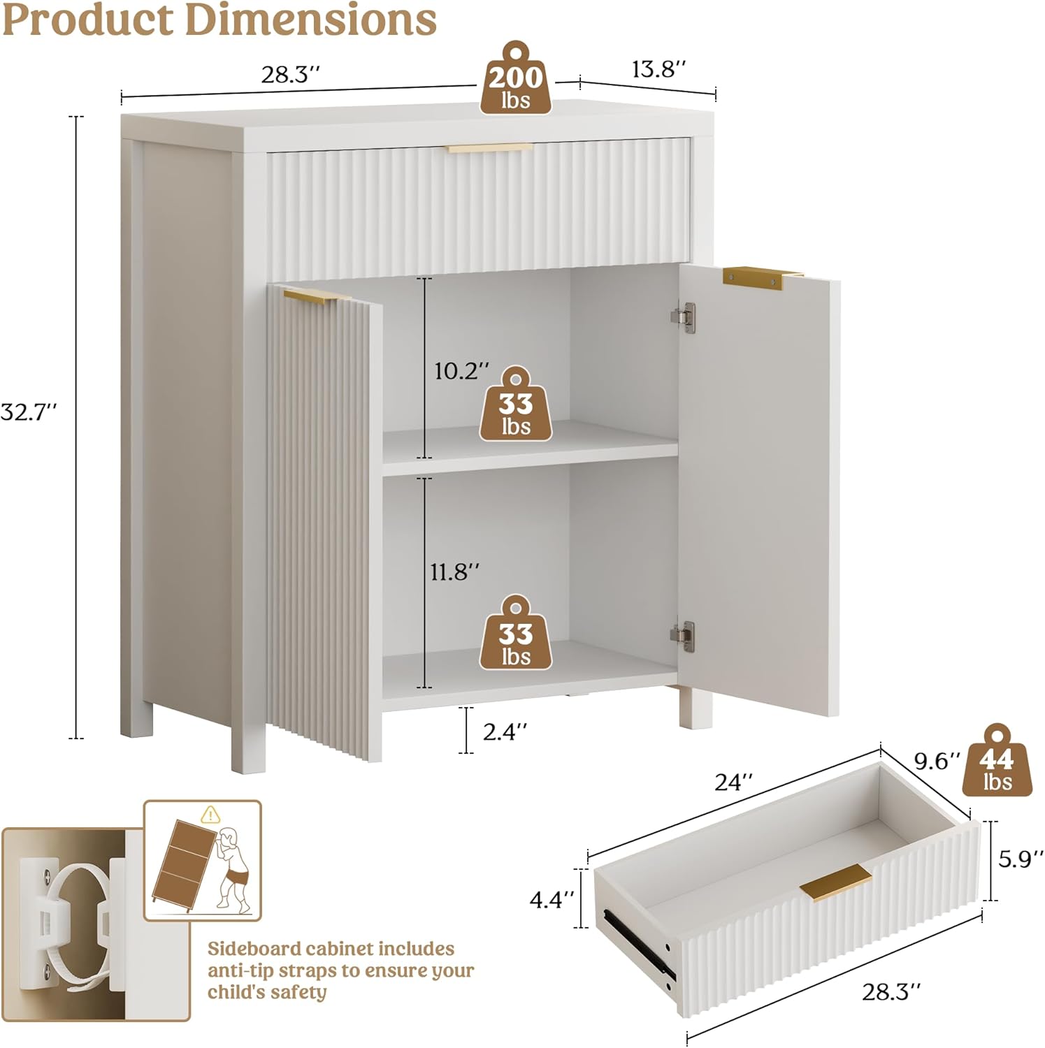 Lulive White Fluted Storage Cabinet with Drawers Buffet Sideboard Cabinet with Adjustable Shelves for Kitchen Living Room, Kitchen, Entryway