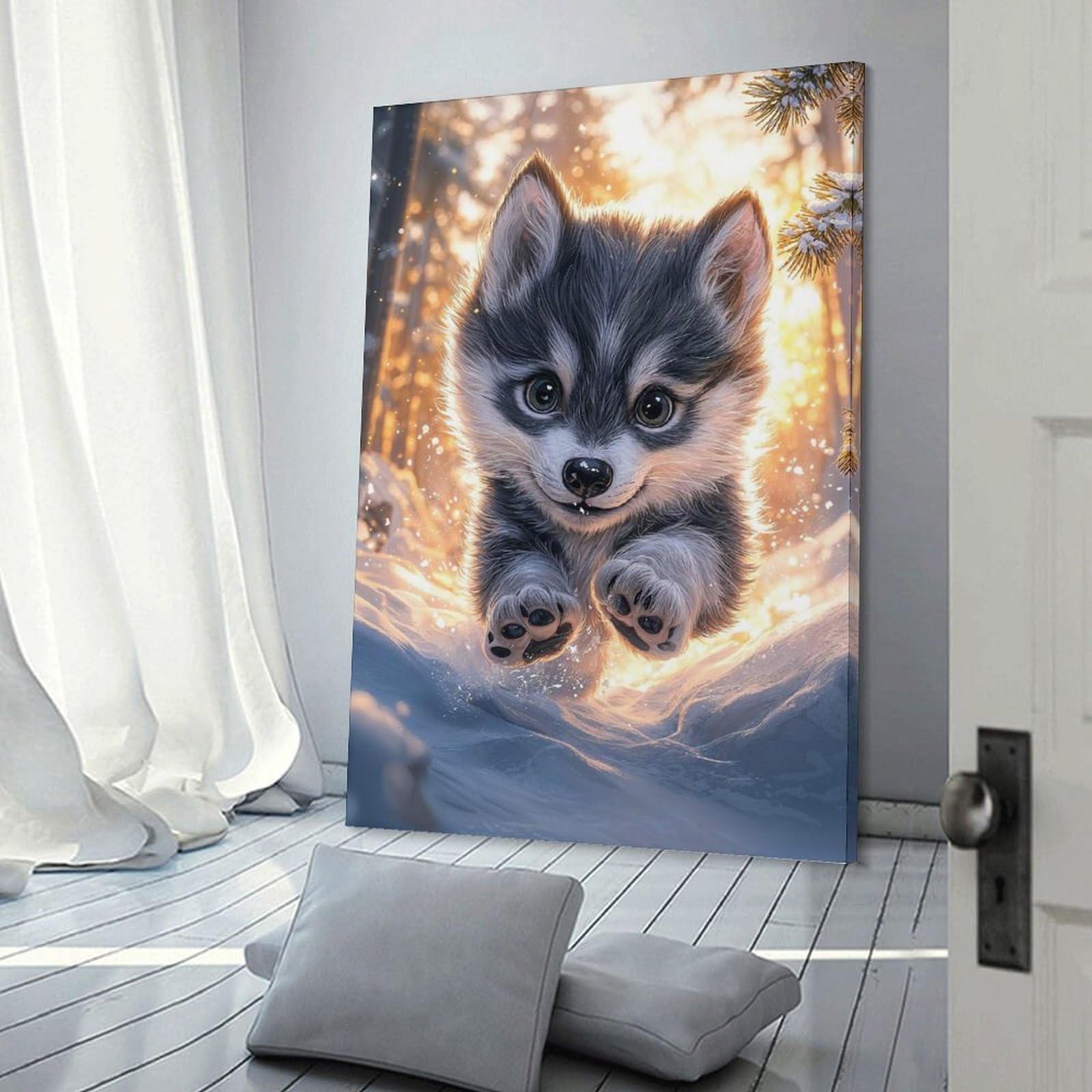 Junmoney Frame-Style-10 Hanging Wall Art Cute Wolf Pup In Snow, 20X30inch(50X75cm), For Gallery Wall Layouts In Home Or Office, An Easy Match For Collected Prints