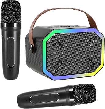 Karaoke Machine for Kids and Adults, Mini Portable Bluetooth Speaker with 2 Wireless Microphones, Led Lights for TV, Kids Gifts for Girls Boys Family Party Birthday Black