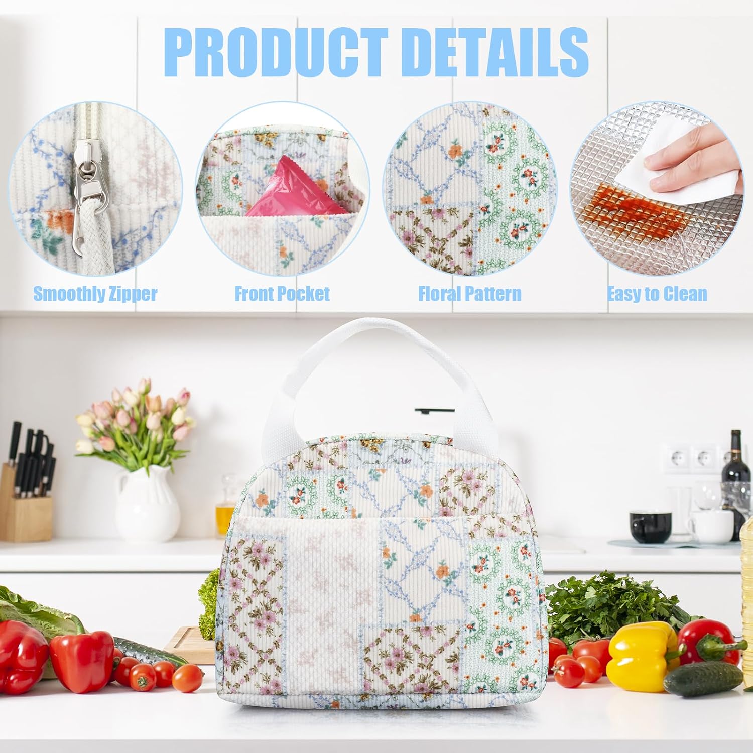 BuyCard Insulated Lunch Bag Women, Reusable Corduroy Cute Lunch Box, Leakproof Floral Lunch Tote Bag with Large Capacity, Small Cooler Lunch Container for Work Office Travel Picnic (Patchwork Flower) image 4