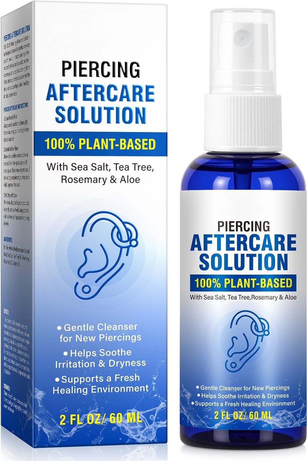 Piercing Aftercare Spray - Saline Solution for Ear, Nose, Belly Button, Cartilage Piercings - Ear Piercing Cleaner Spray with Sea Salt, Aloe Vera & Rosemary, Gentle and Non-Irritating, 2 Fl Oz