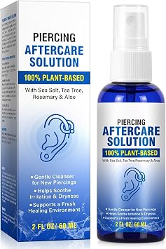 Piercing Aftercare Spray - Saline Solution for Ear, Nose, Belly Button, Cartilage Piercings - Ear Piercing Cleaner Spray with Sea Salt, Aloe Vera & Rosemary, Gentle and Non-Irritating, 2 Fl Oz
