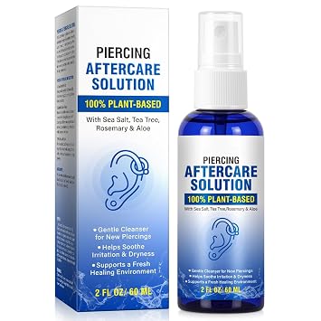 Piercing Aftercare Spray - Saline Solution for Ear, Nose, Belly Button, Cartilage Piercings - Ear Piercing Cleaner Spray with Sea Salt, Aloe Vera & Rosemary, Gentle and Non-Irritating, 2 Fl Oz